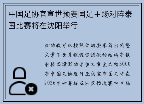 中国足协官宣世预赛国足主场对阵泰国比赛将在沈阳举行